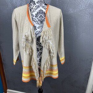 Ruby Rd Orange Yellow Brown Knit Fringe Trim Open Cardigan. Size Large